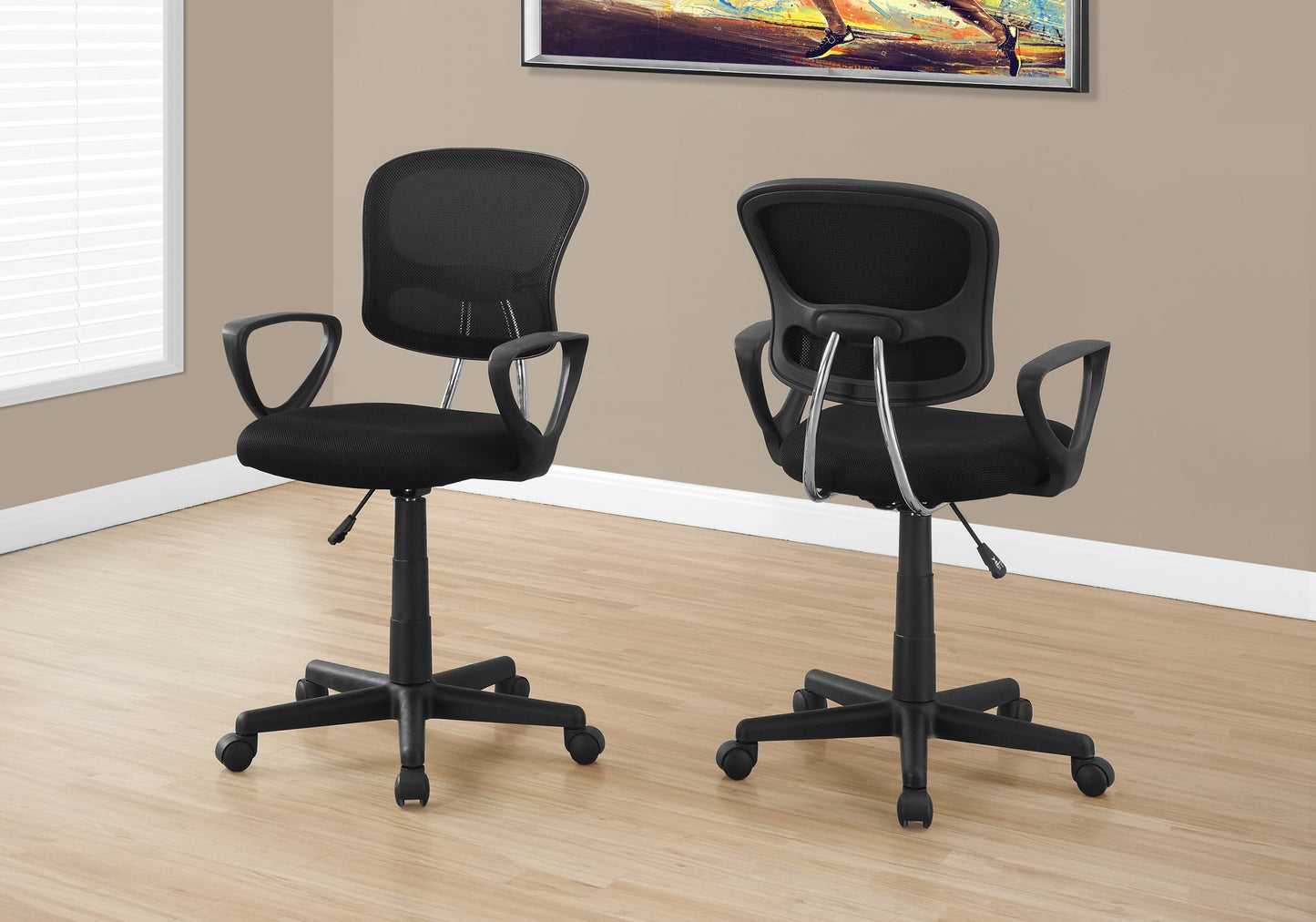 Black mesh office chair with ergonomic design and adjustable height