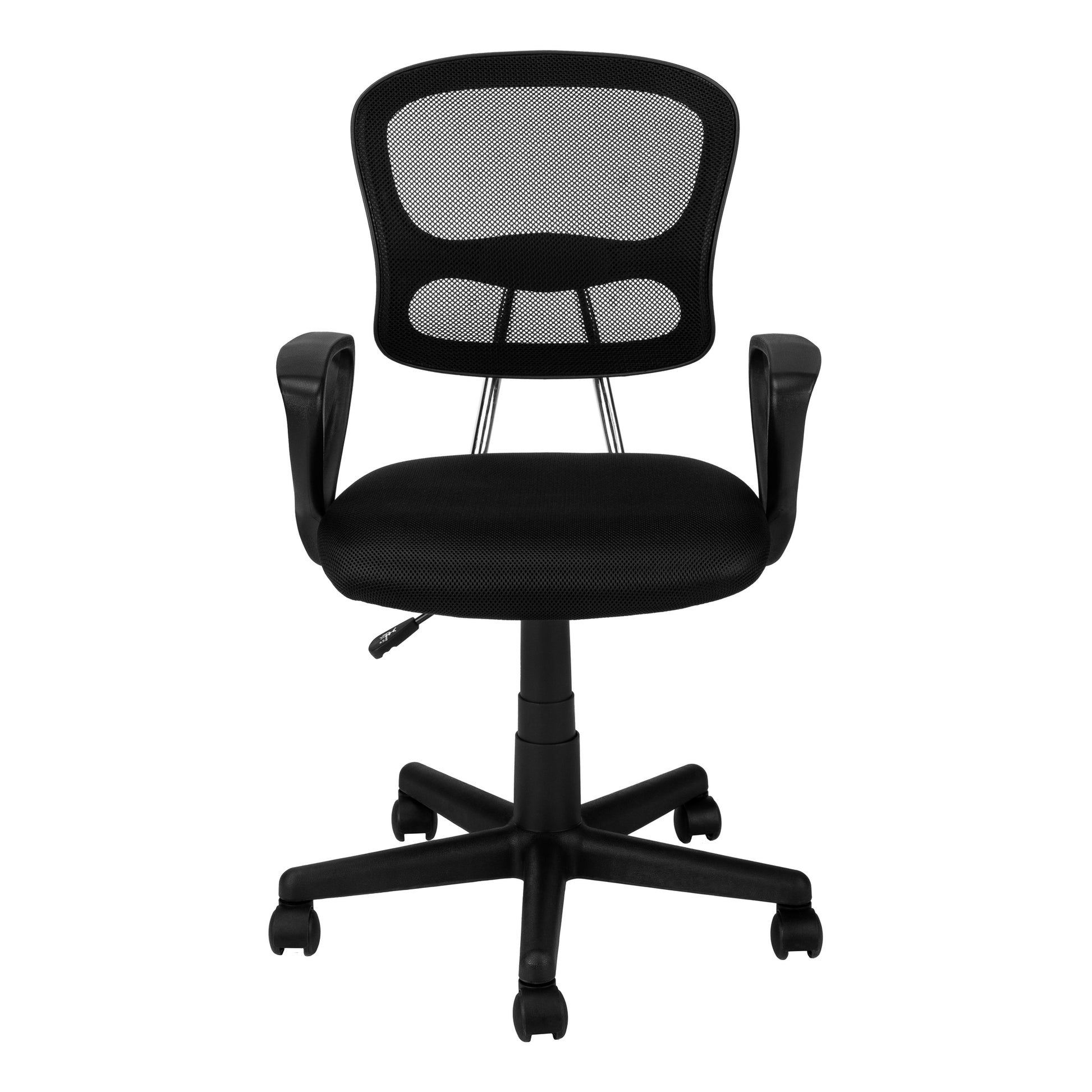 Black mesh back ergonomic office chair with padded seat and armrests