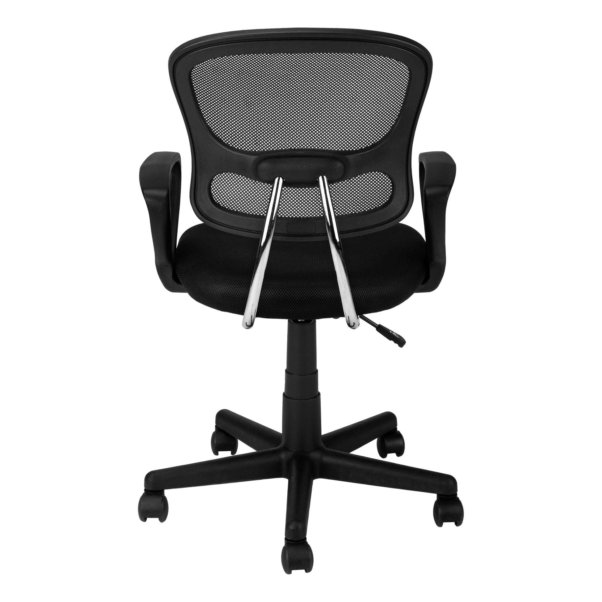Black mesh back office chair with padded seat and chrome accents on white background