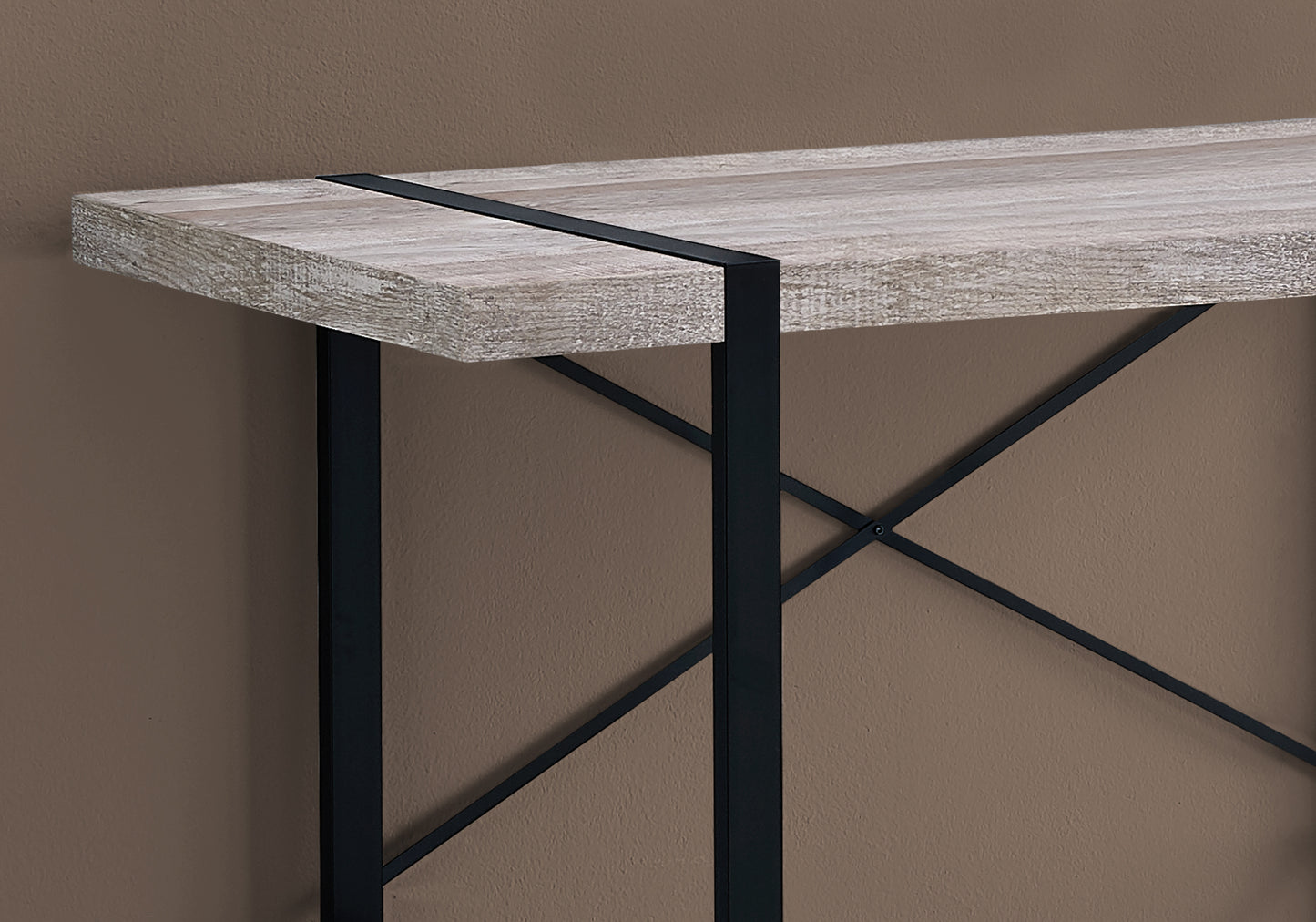Rustic washed wood console table with black metal legs and Xbrace detail