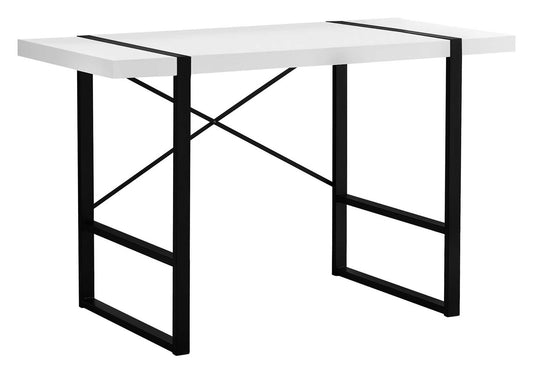 Modern white desk with black metal frame and Xbrace for stability