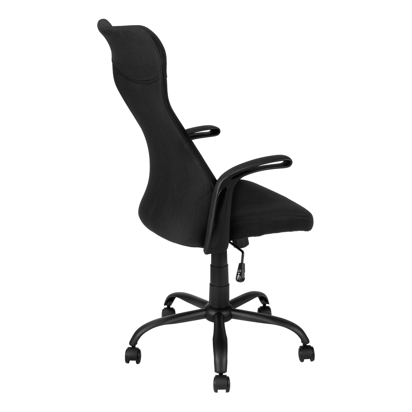 Black ergonomic office chair with adjustable height and padded armrests