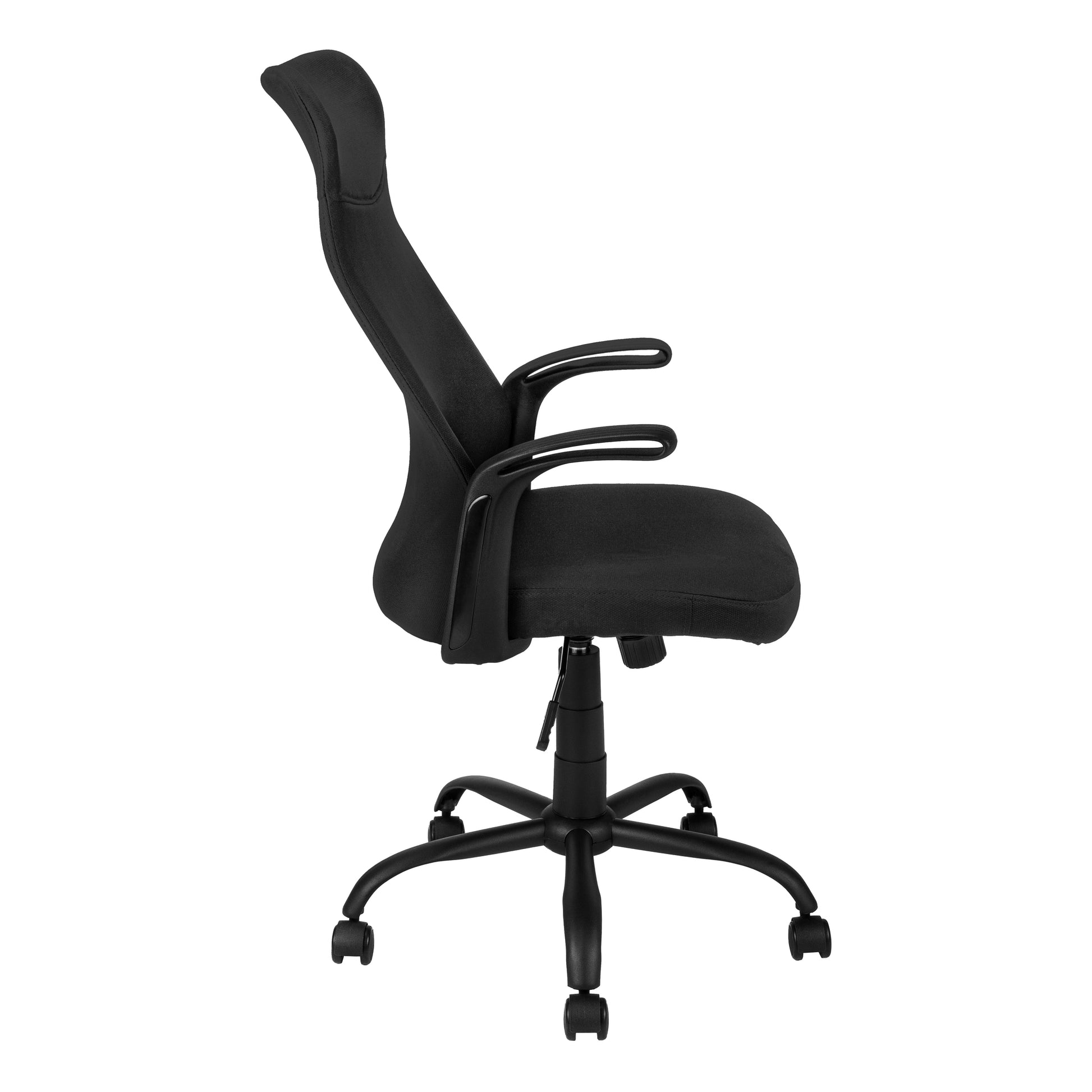 Black ergonomic fabric office chair with adjustable arms and swivel base