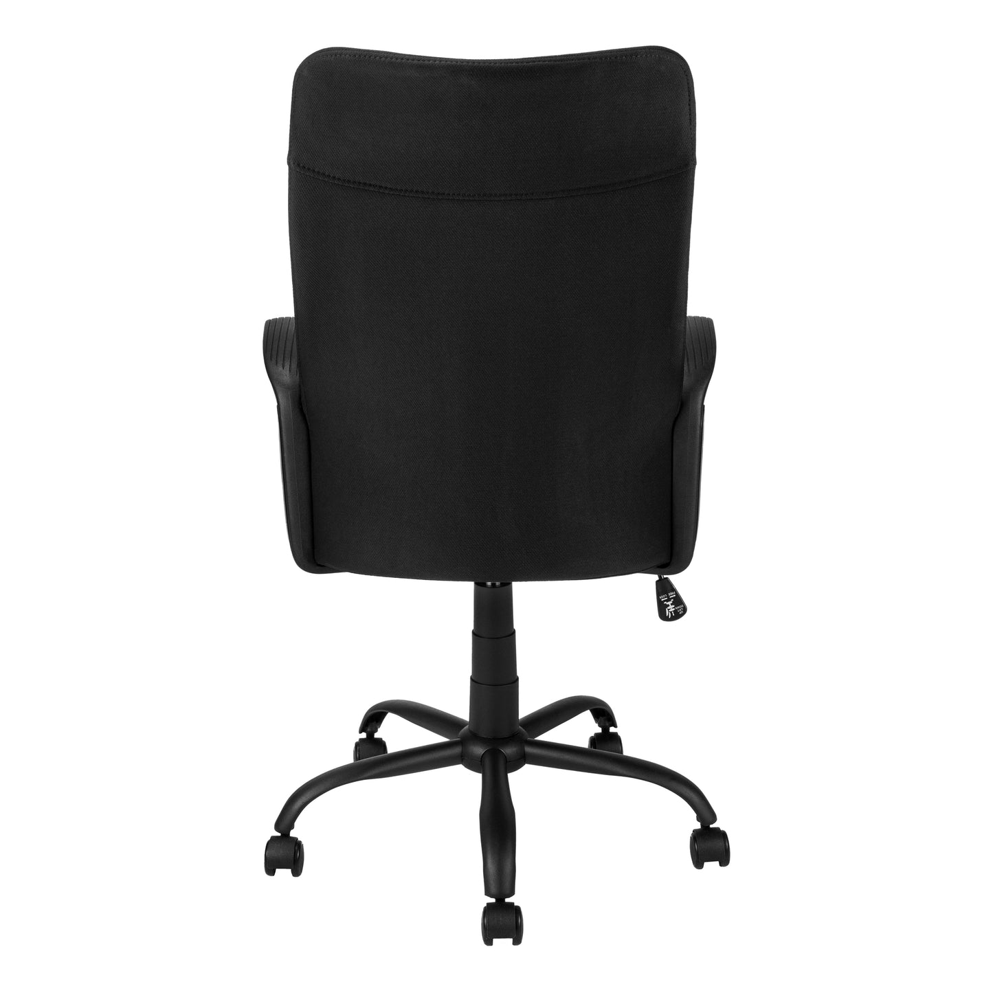 Black fabric office chair back view ergonomic design for comfortable work