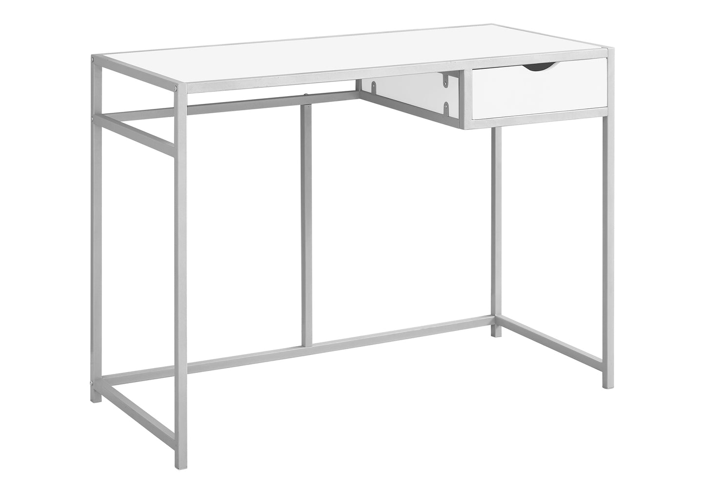 White minimalist computer desk with silver metal frame and single drawer