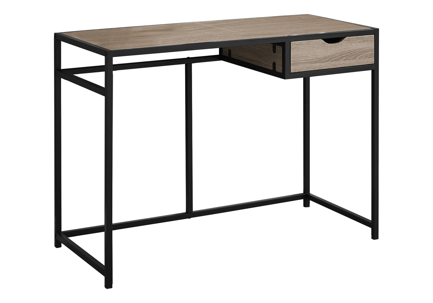 Modern industrial desk with faux wood top and single drawer on black metal frame
