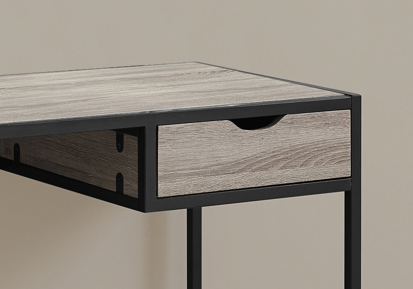 Modern grey wood desk with single drawer and black metal frame