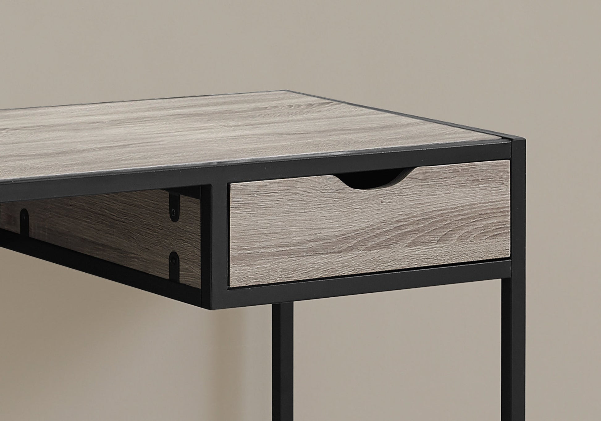 Modern grey wood desk with single drawer and black metal frame