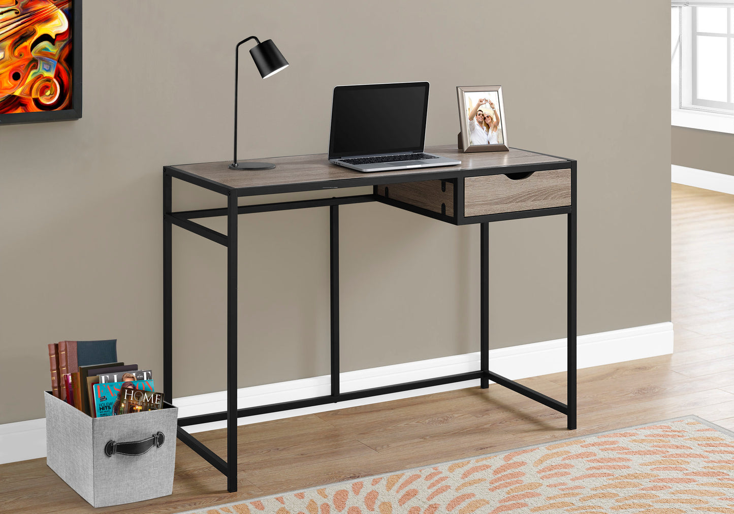 Modern gray wood computer desk with black metal frame and drawer