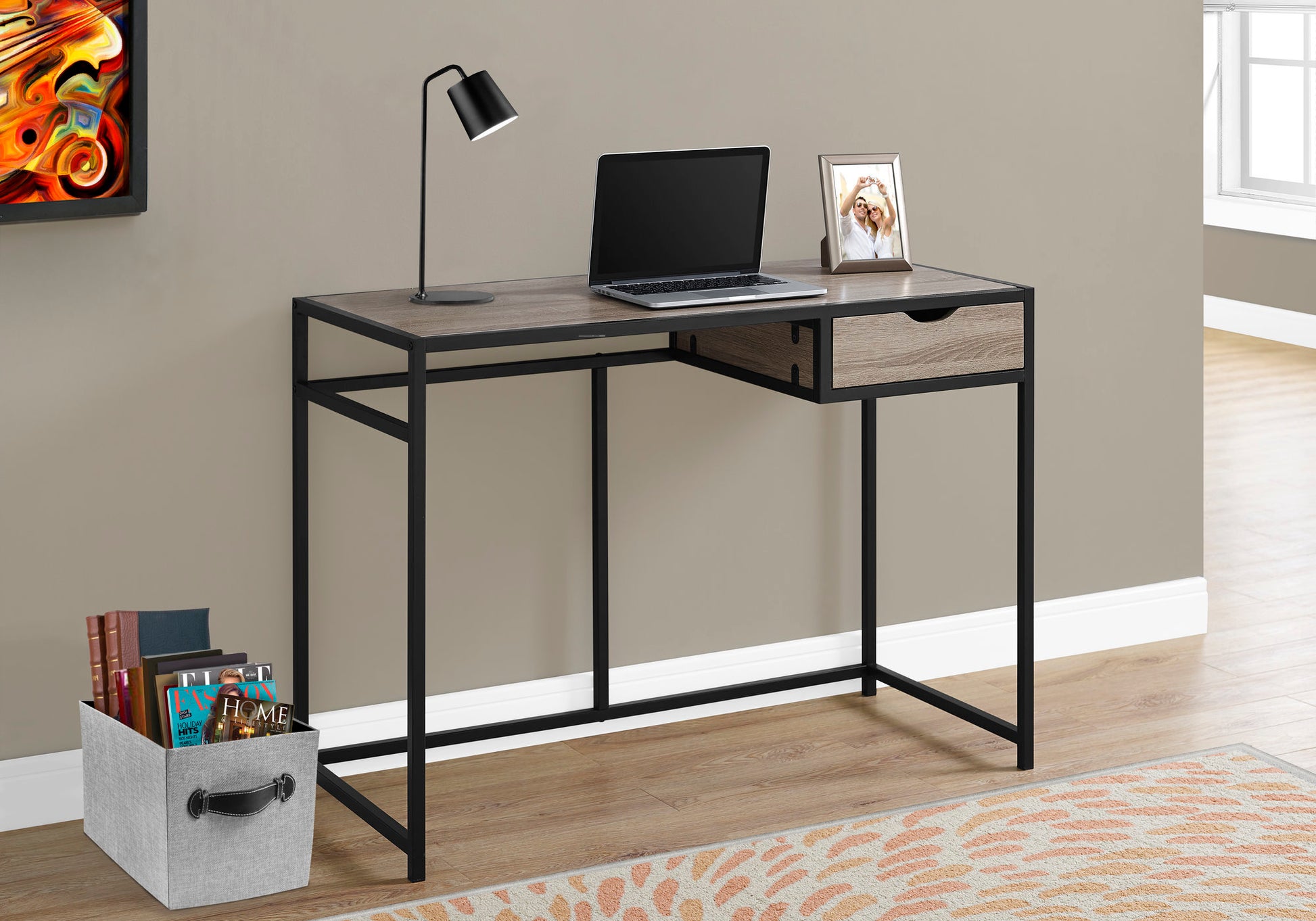 Modern gray wood computer desk with black metal frame and drawer