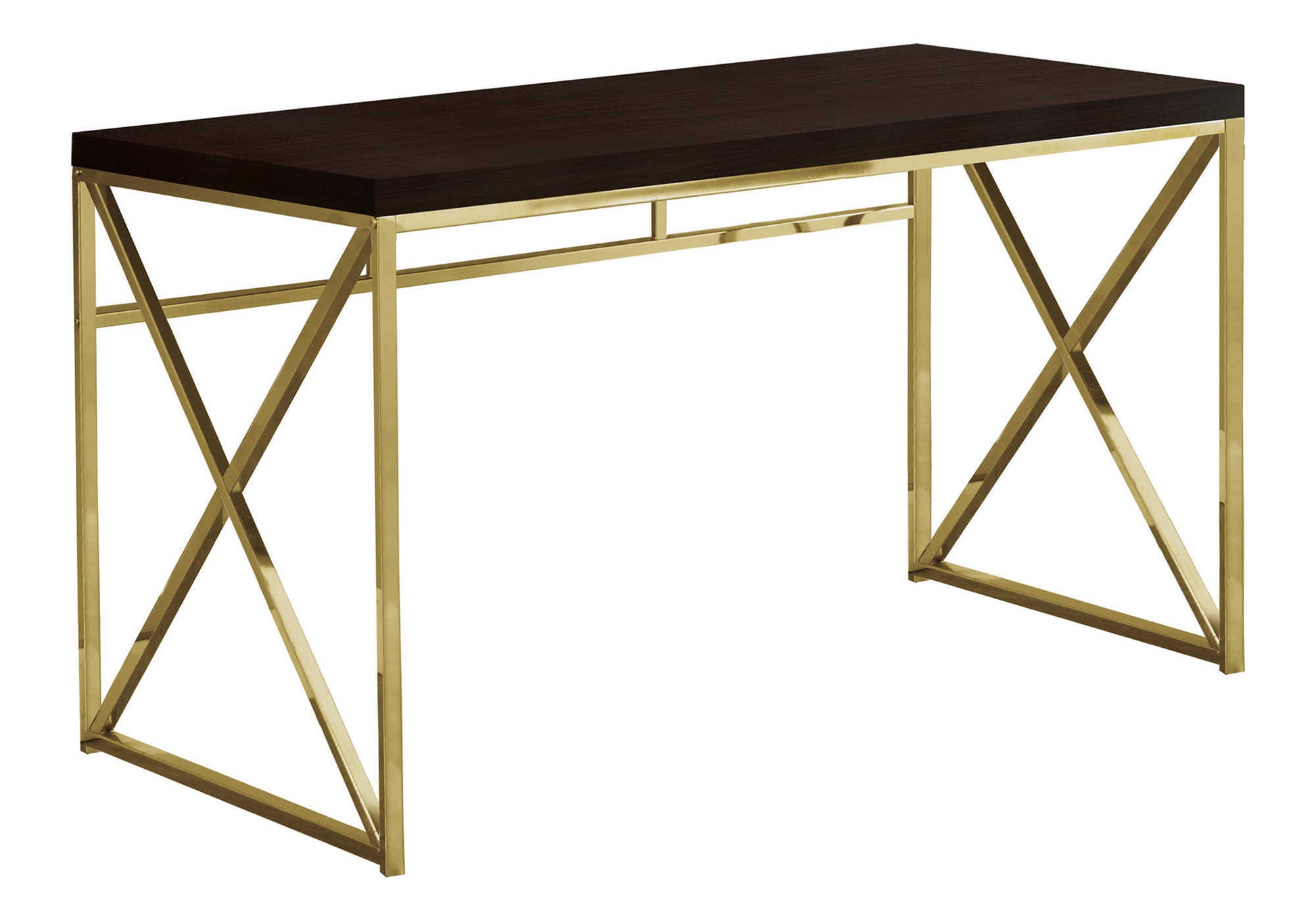 Dark wood writing desk with a gold metal geometric base