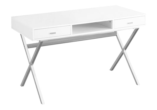 Modern white desk with silver Xleg base and two drawers for office storage