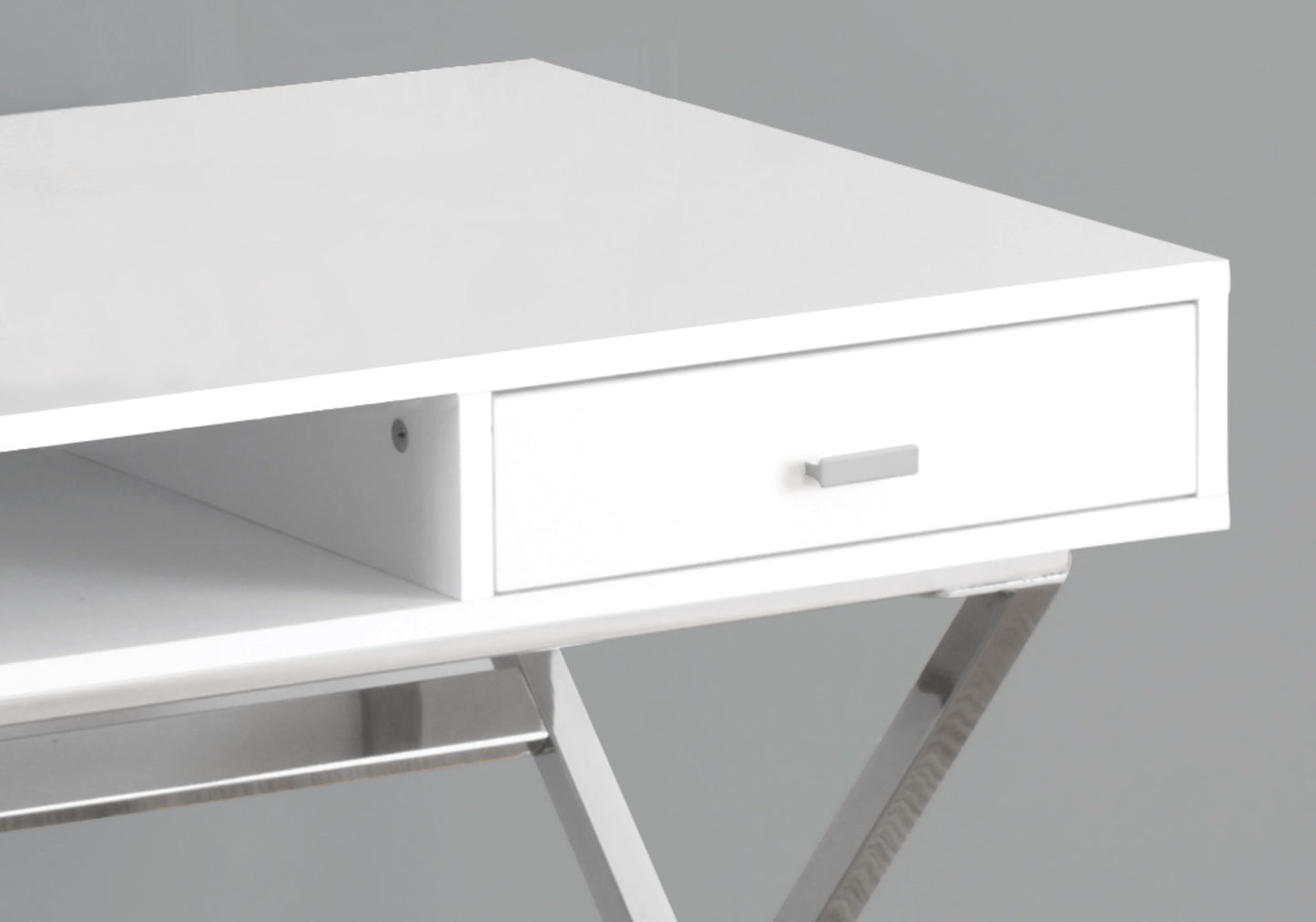 Sleek white modern desk with silver drawer pull and open shelf space