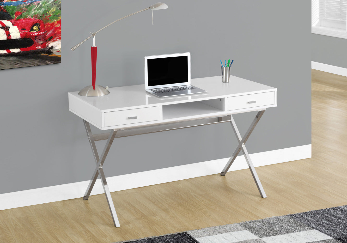 White highgloss desk with chrome Xframe legs and silver drawer pulls