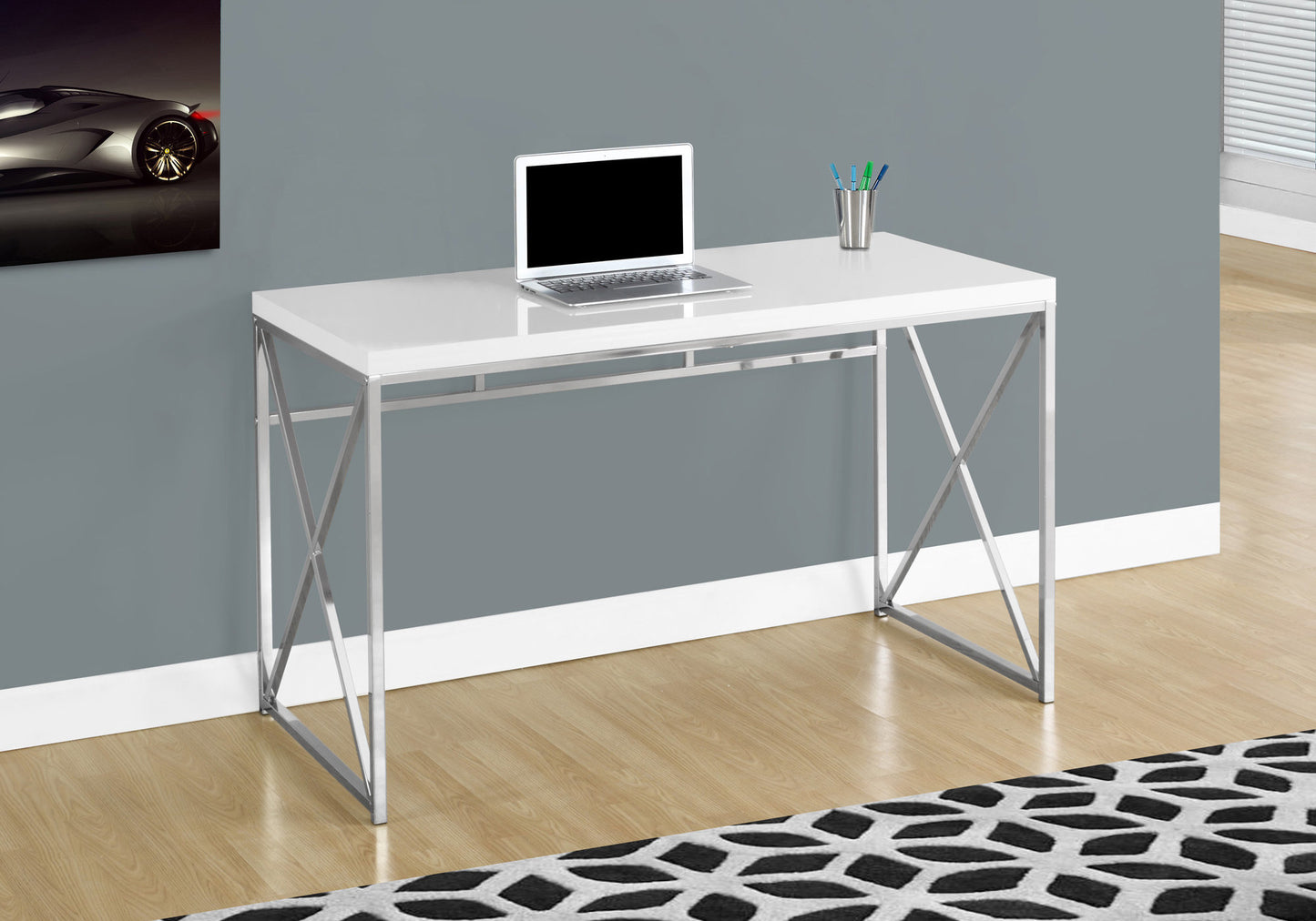 Glossy white modern writing desk with chrome Xframe legs ideal for a home office