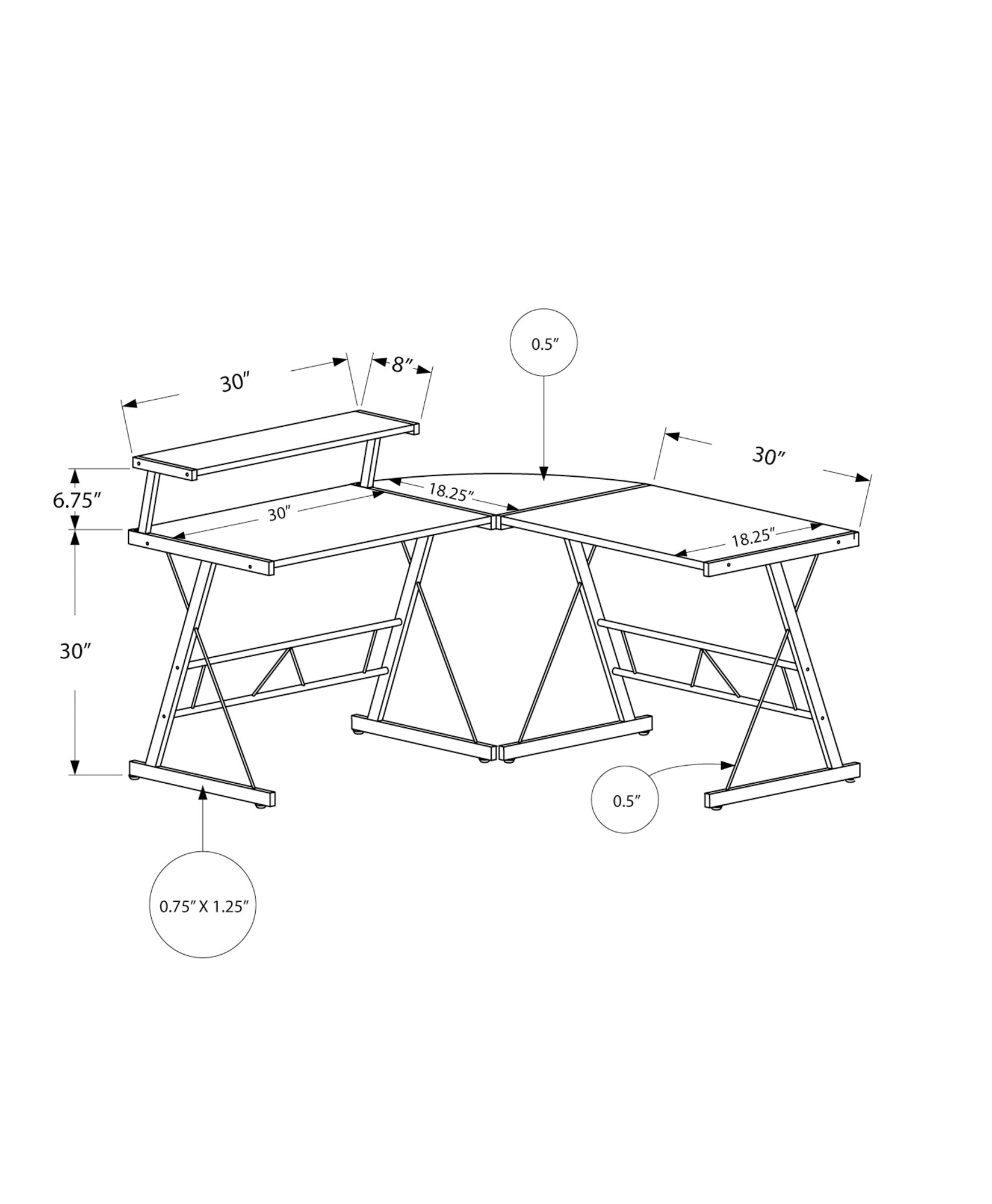 Lshaped computer desk with monitor shelf and metal frame inch height