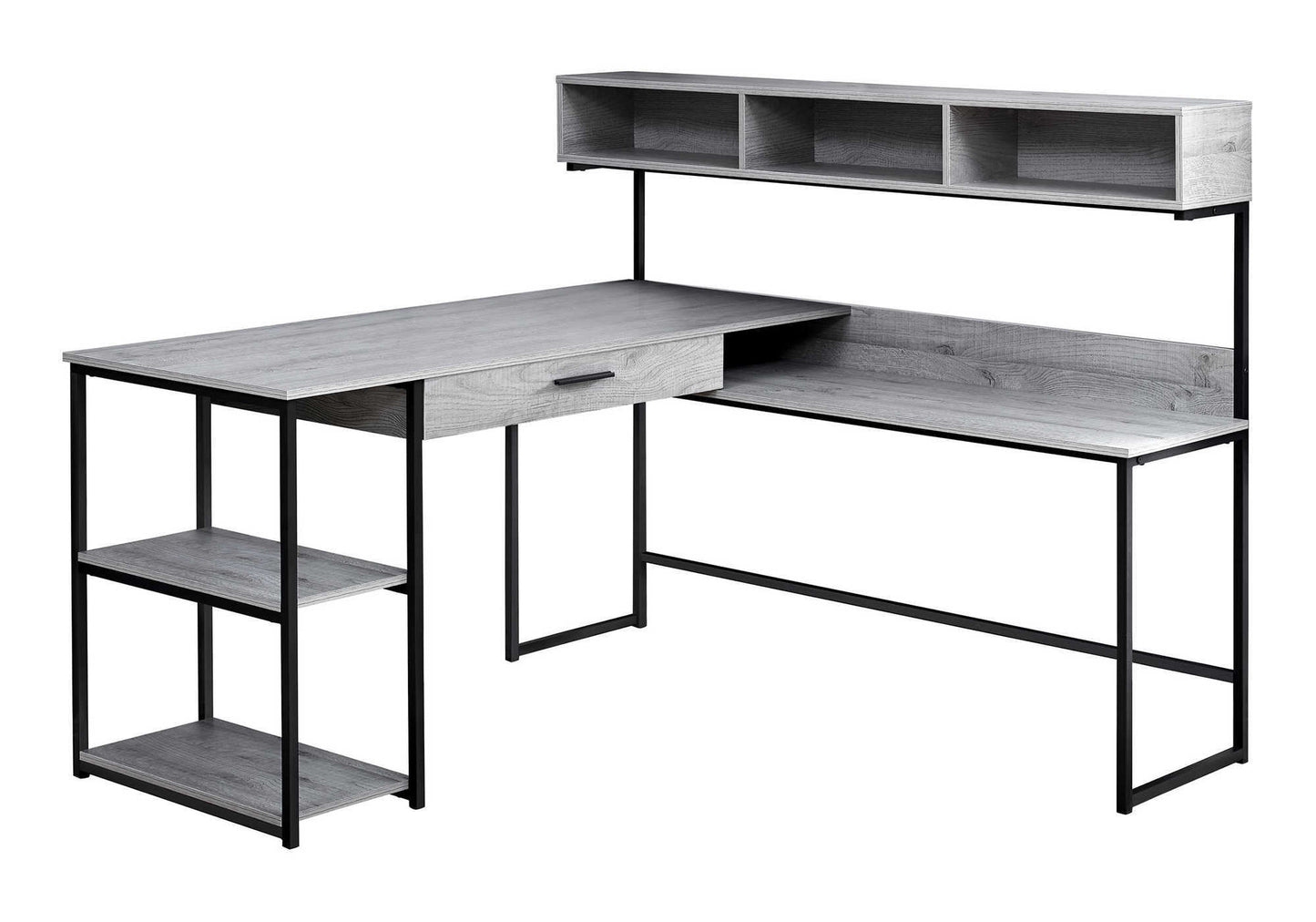 Lshaped desk with gray wood grain surface and black metal frame