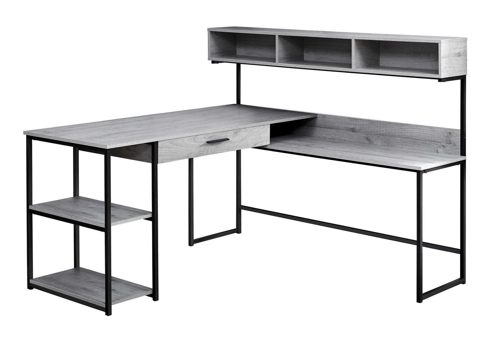 Lshaped desk with gray wood grain surface and black metal frame