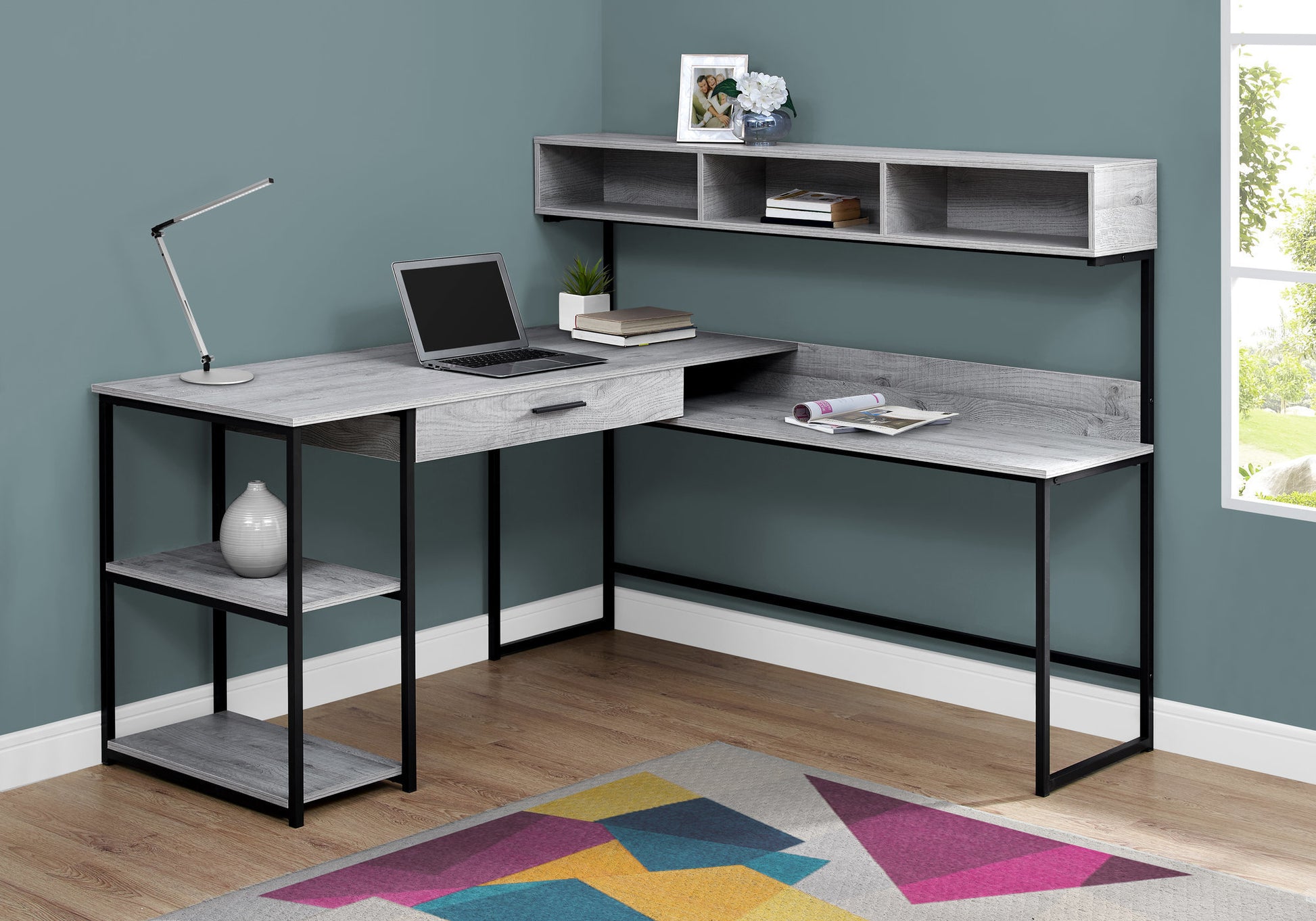 Modern gray wood Lshaped desk with black metal frame perfect for home office