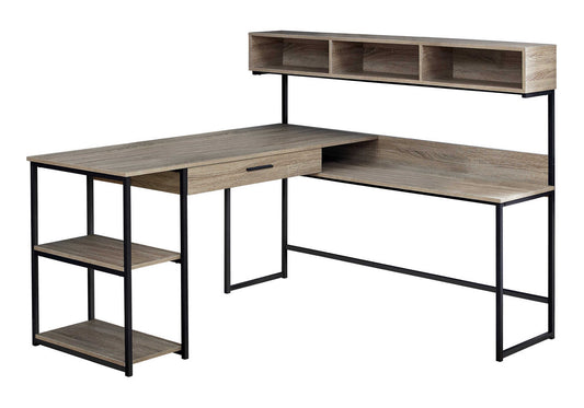 Lshaped wood grain computer desk with drawer and open shelving