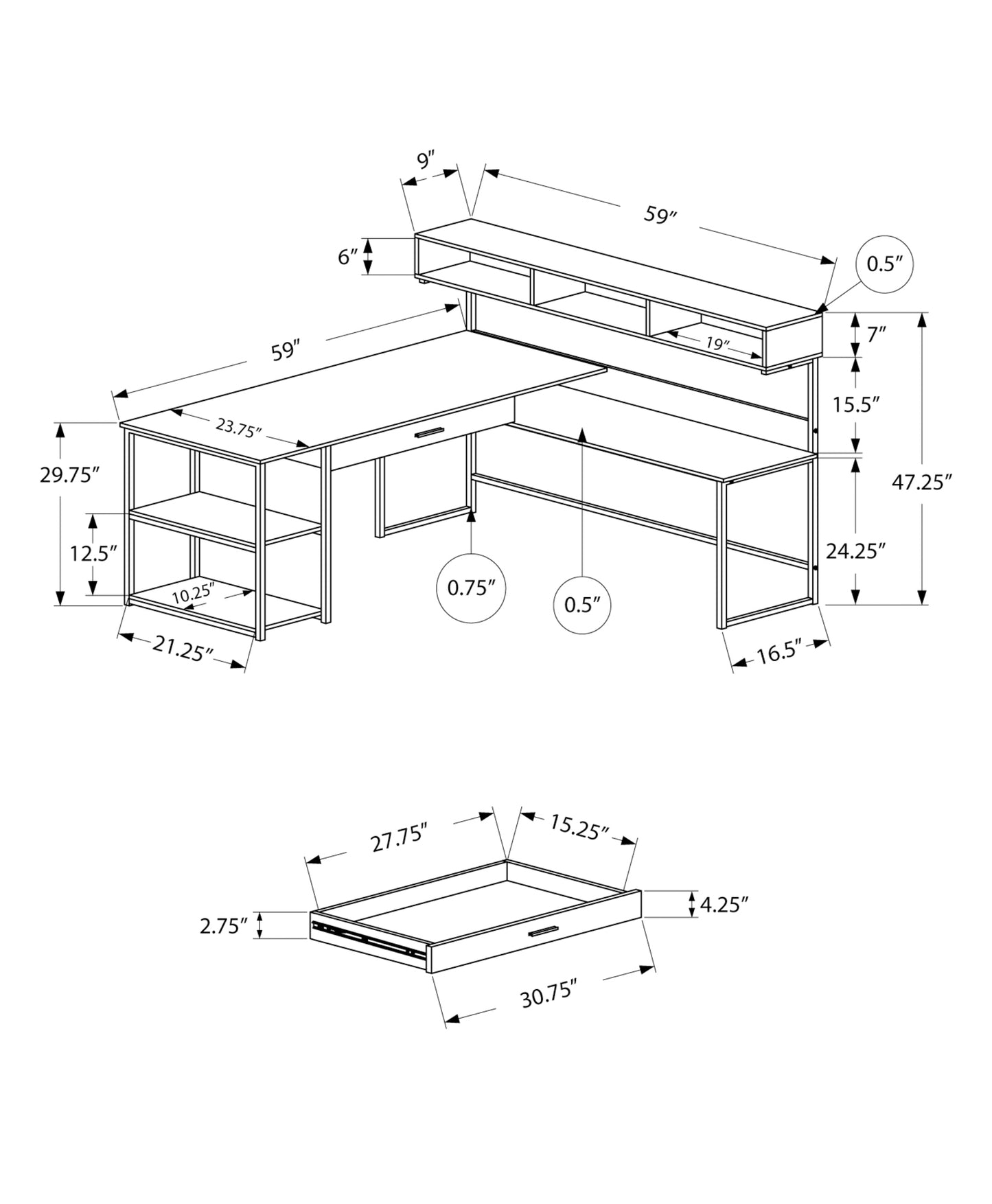 Lshaped desk blueprint showing dimensions for shelving and desk surface