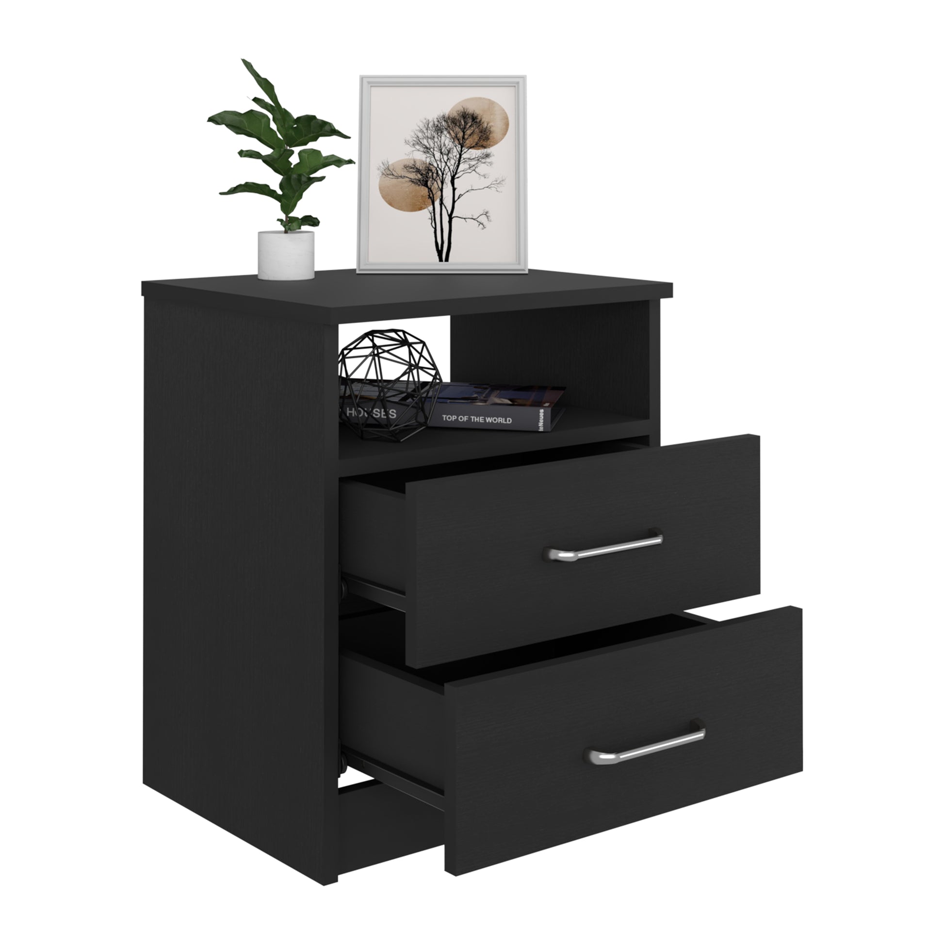 Black wood bedside table with two drawers