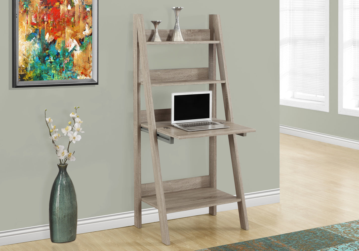 Modern grey wood ladder desk with laptop and shelves