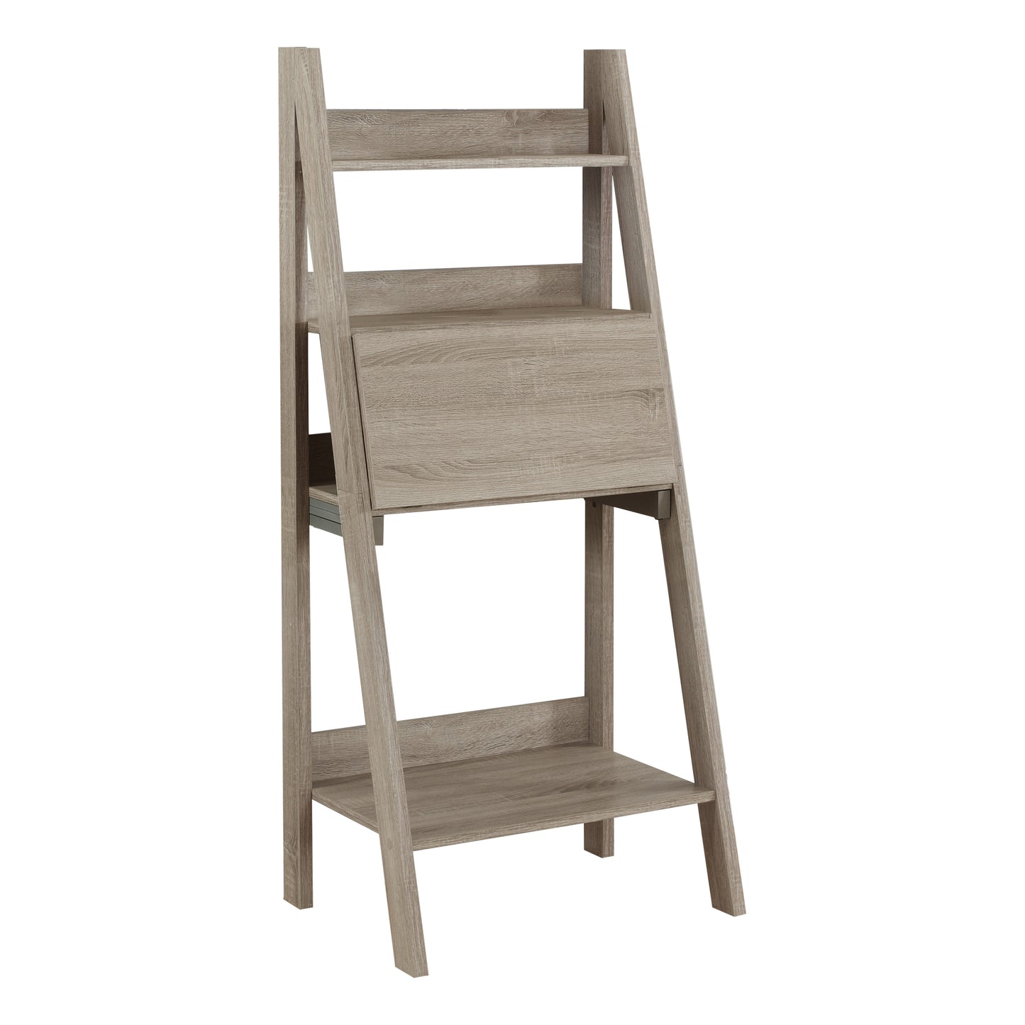 Midcentury modern style ladder desk in light oak finish featuring a pulldown drawer for work and shelves for storage