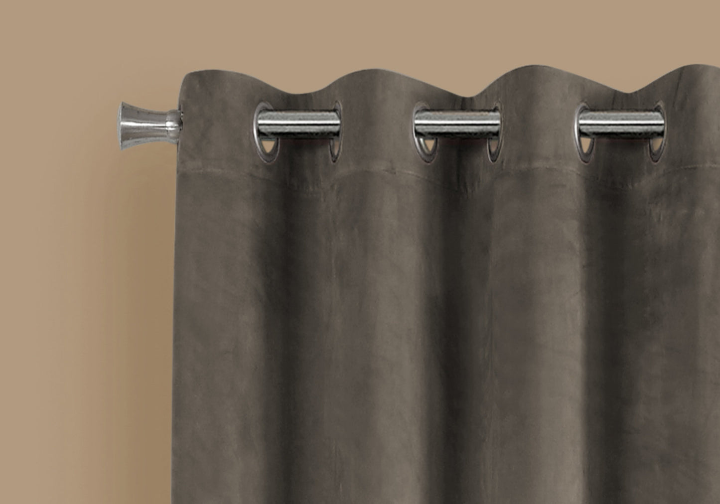 Heavyweight charcoal velvet grommet curtain panel with silver hardware and rod pocket