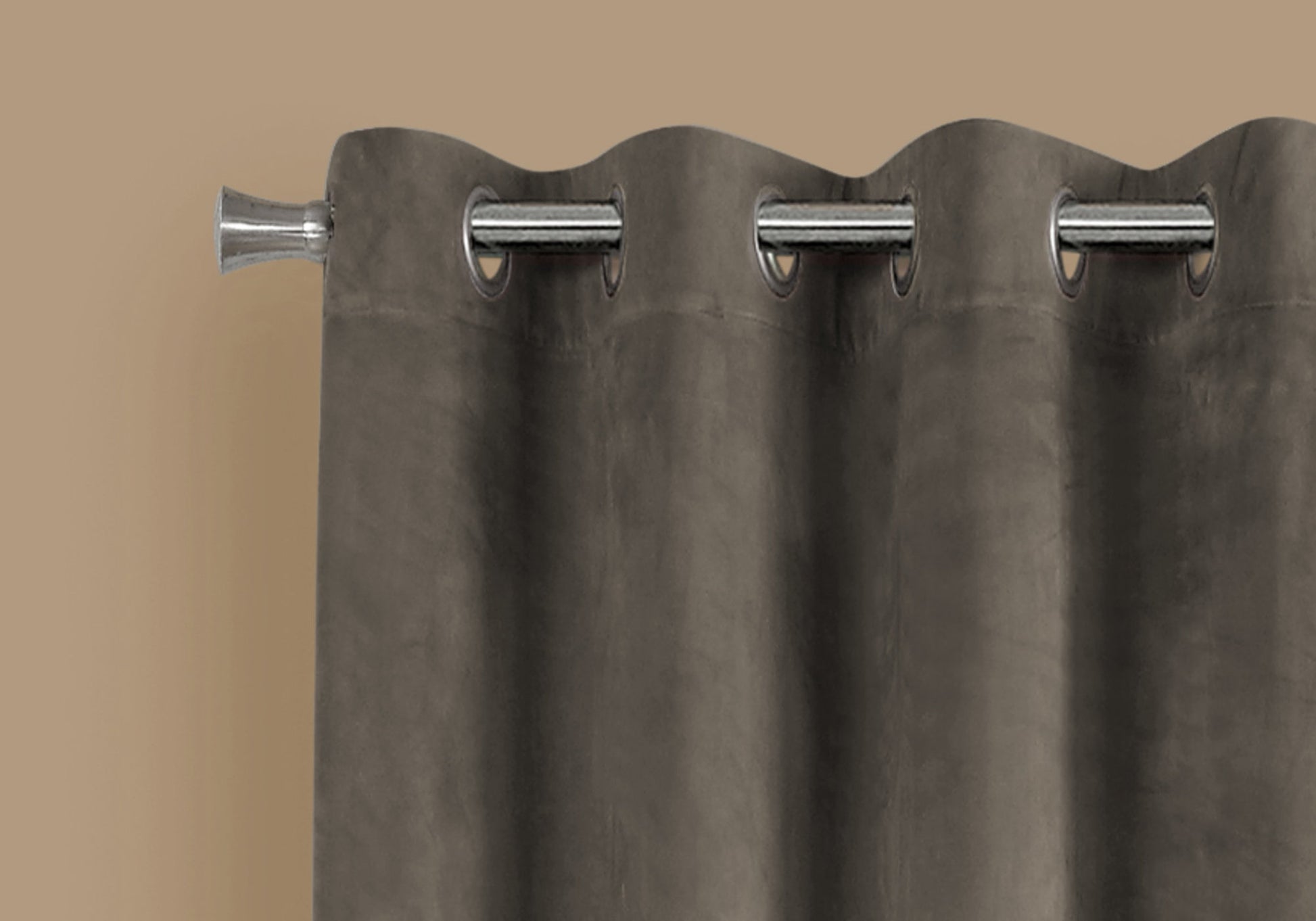 Heavyweight charcoal velvet grommet curtain panel with silver hardware and rod pocket