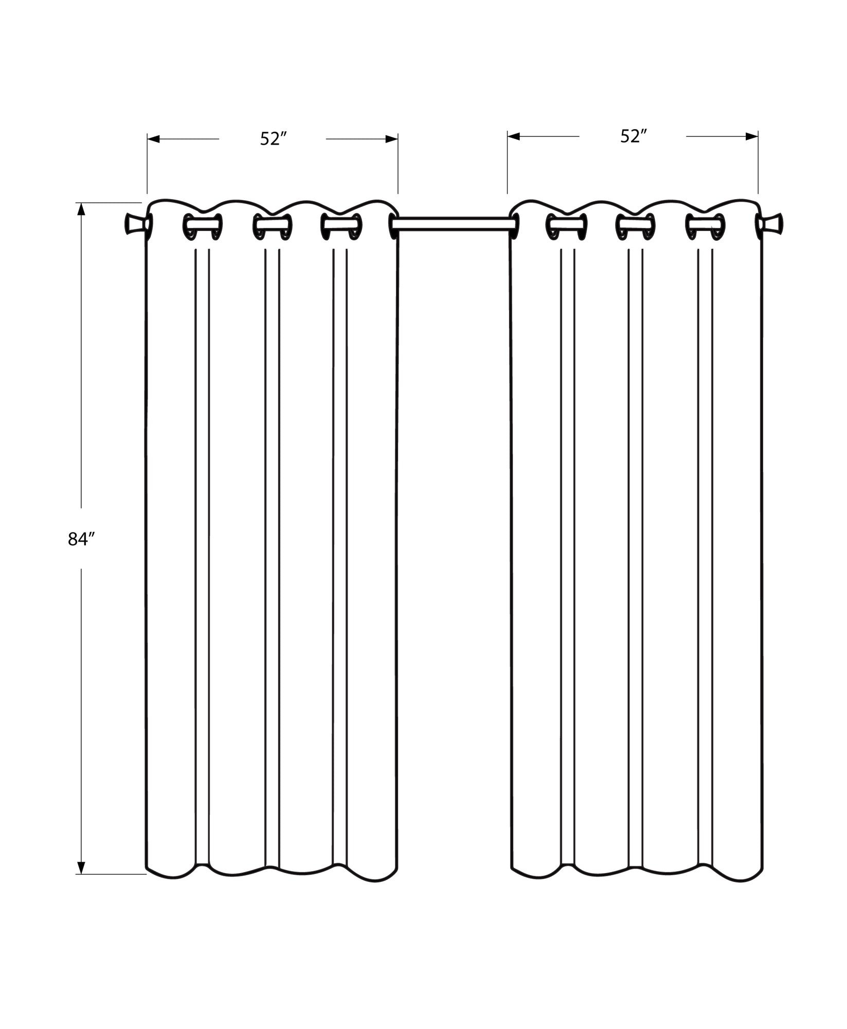 Illustration of inch long blackout curtains each  inches wide with grommet tops