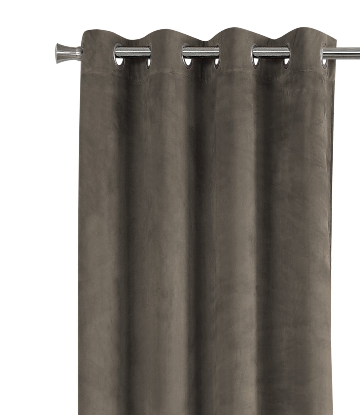 Brown velvet grommet curtain panel hanging on a silver rod