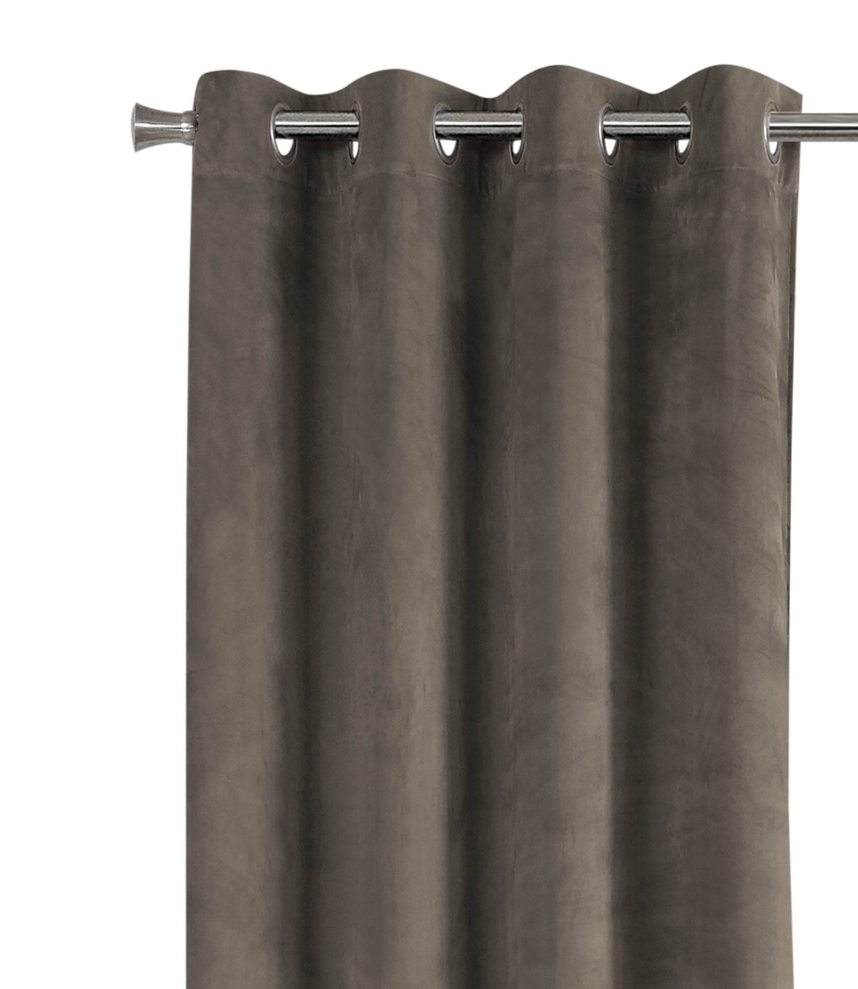Brown velvet grommet curtain panel hanging on a silver rod