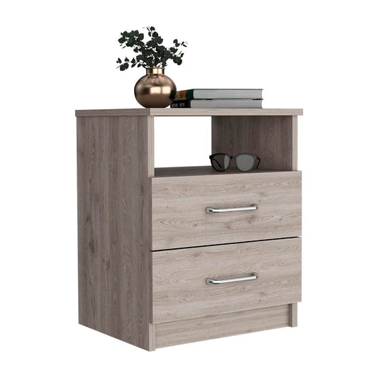 Modern gray wood drawer nightstand with open shelf perfect for bedroom storage