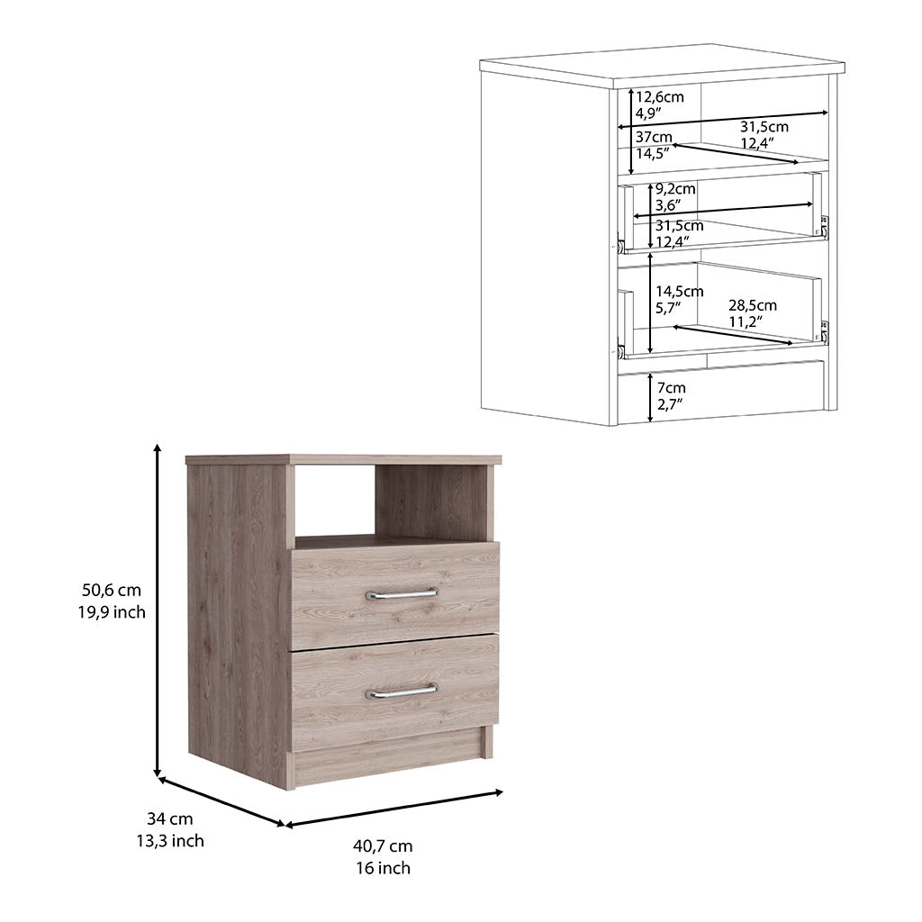 Light oak bedside table with two drawers and an open shelf