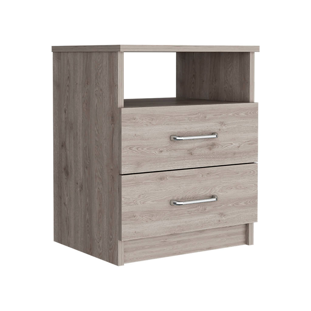 Light wood grain bedside table with two drawers and an open shelf