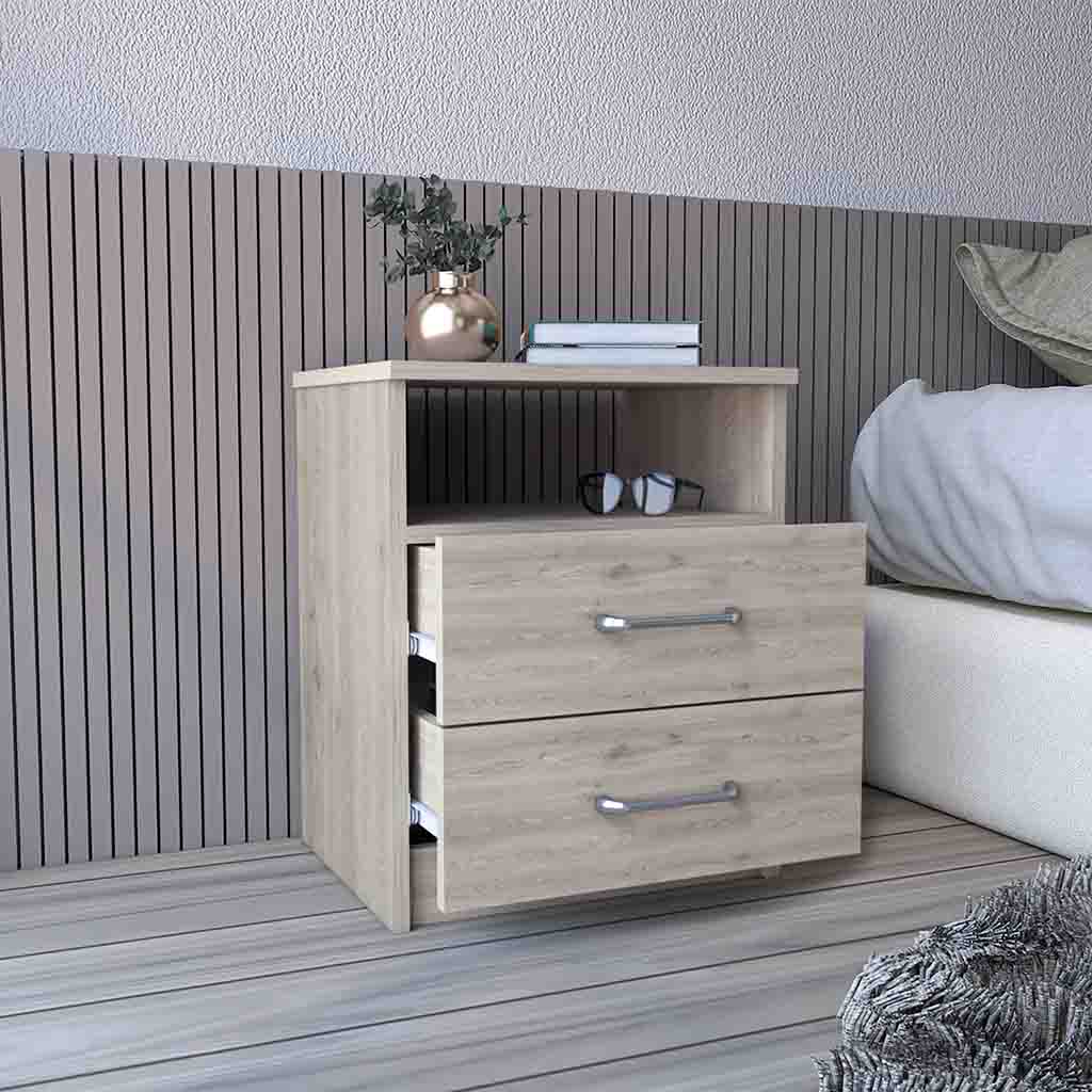 Light wood bedside table with two drawers and silver handles