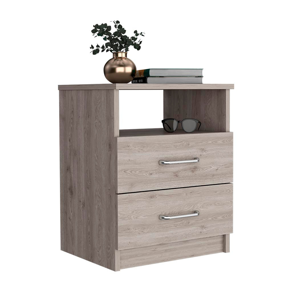 Light oak twodrawer nightstand with open shelf and silver handles