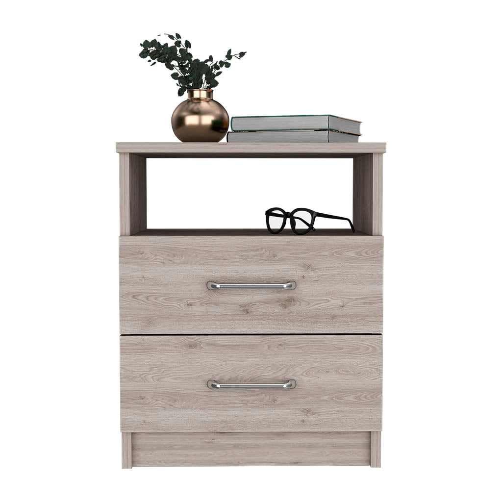 Light oak wood nightstand with two drawers and an open shelf