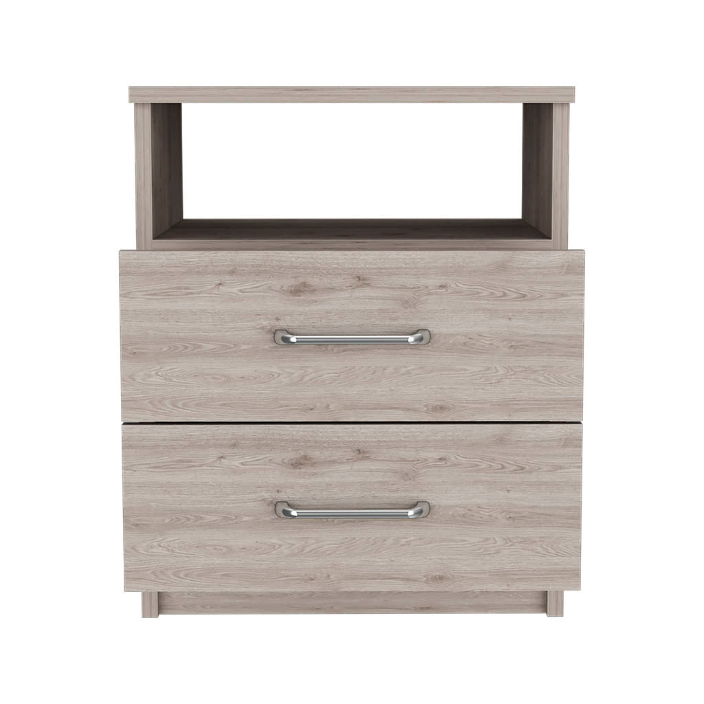 Light oak finish twodrawer nightstand with open top shelf and silver handles