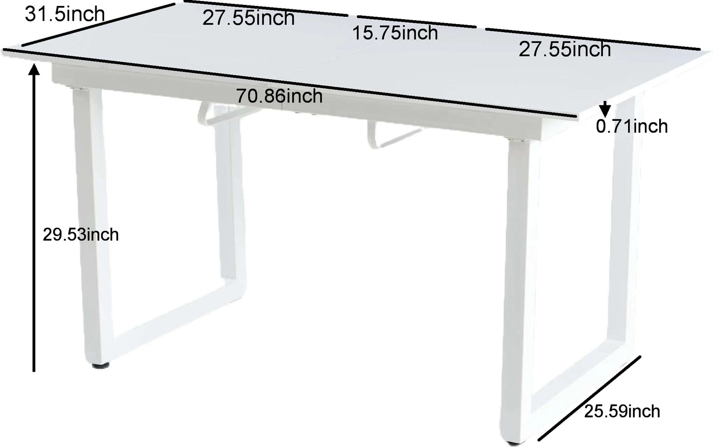 White adjustable desk with metal legs inch width for spacious workspace