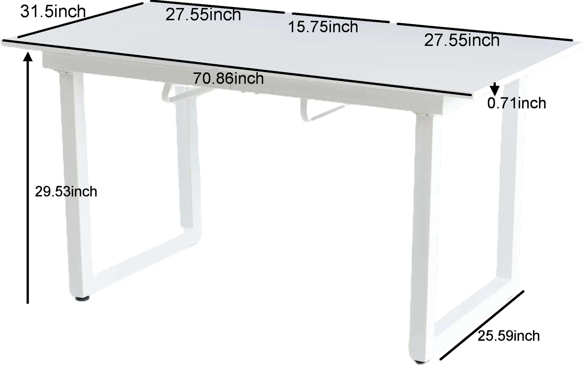 White adjustable desk with metal legs inch width for spacious workspace