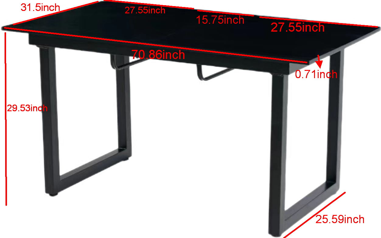 Black metal dining table with a sleek modern design and clear dimensions