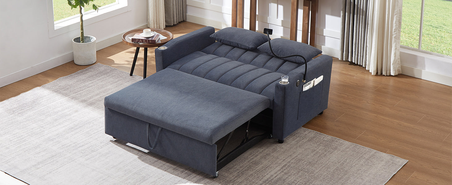 Dark gray sleeper sofa with pullout ottoman and builtin cup holders