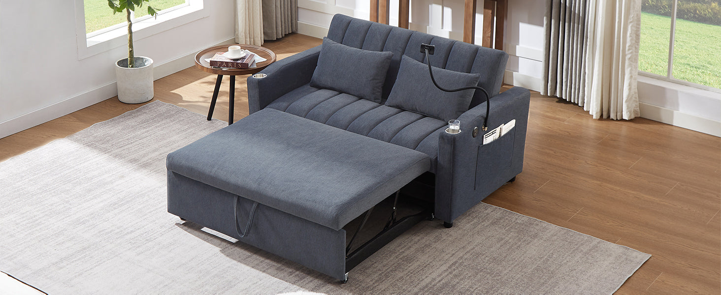 Dark gray fabric sofa bed with extended ottoman perfect for small apartments