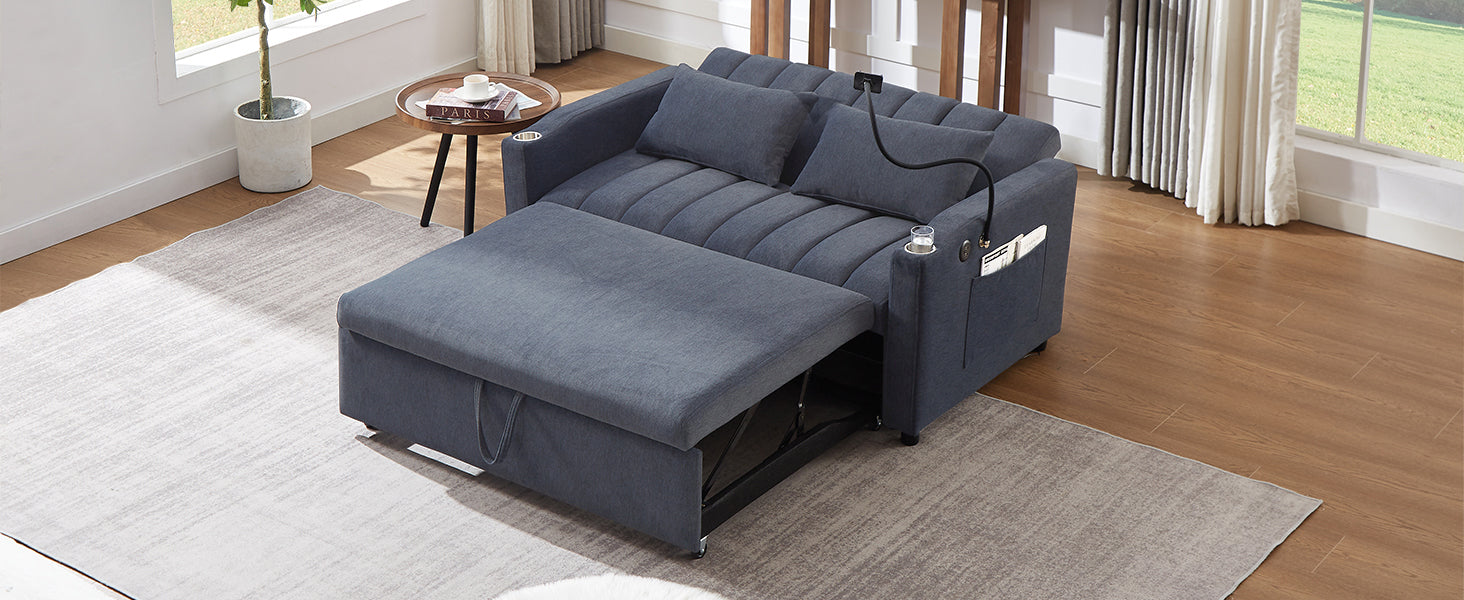 Gray fabric sofa bed extended with chaise lounge and storage
