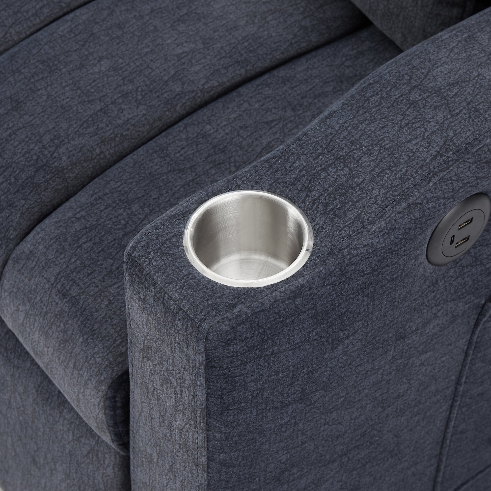 Dark gray fabric recliner armrest with stainless steel cup holder