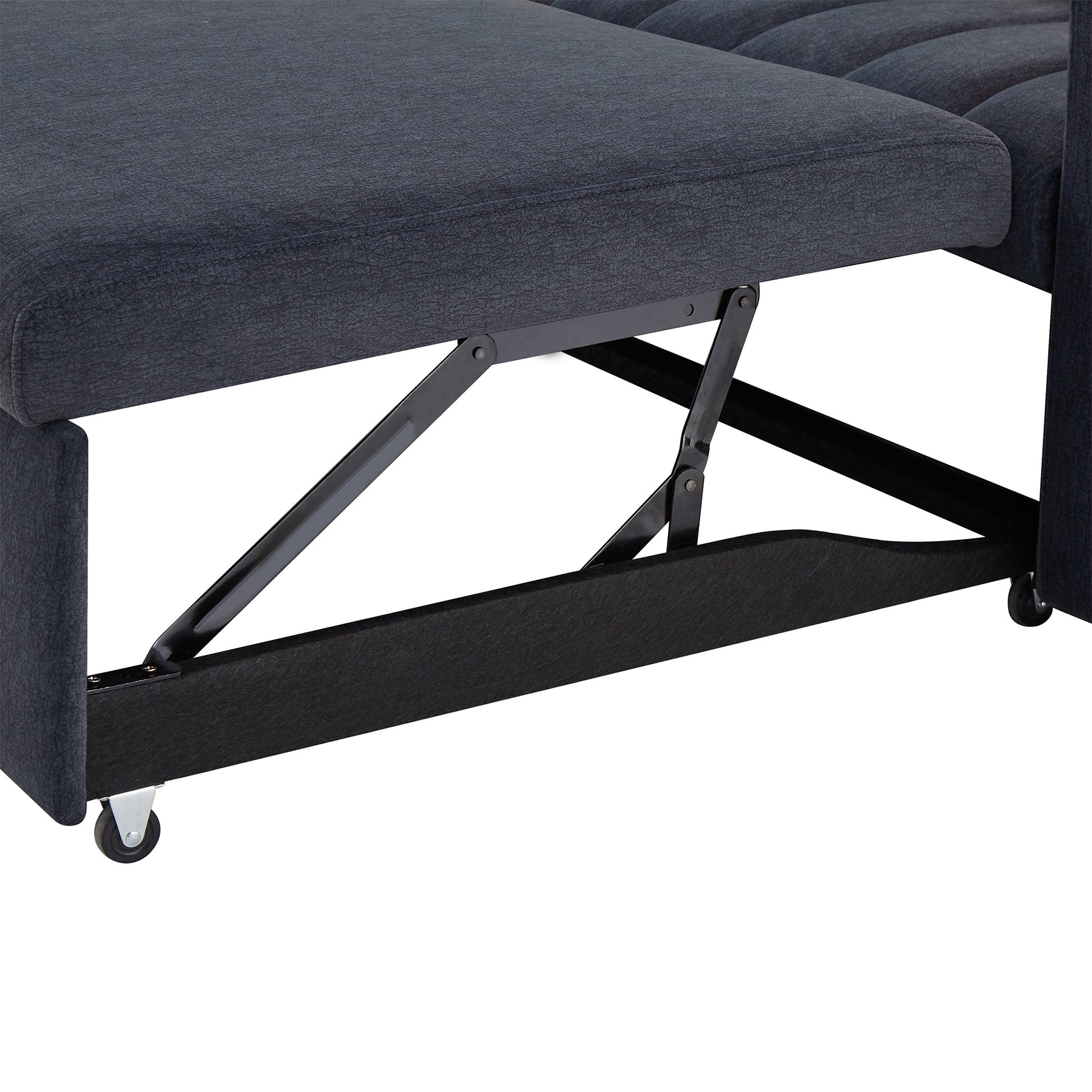 Dark grey upholstered sectional sofa with visible lifting mechanism and wheels