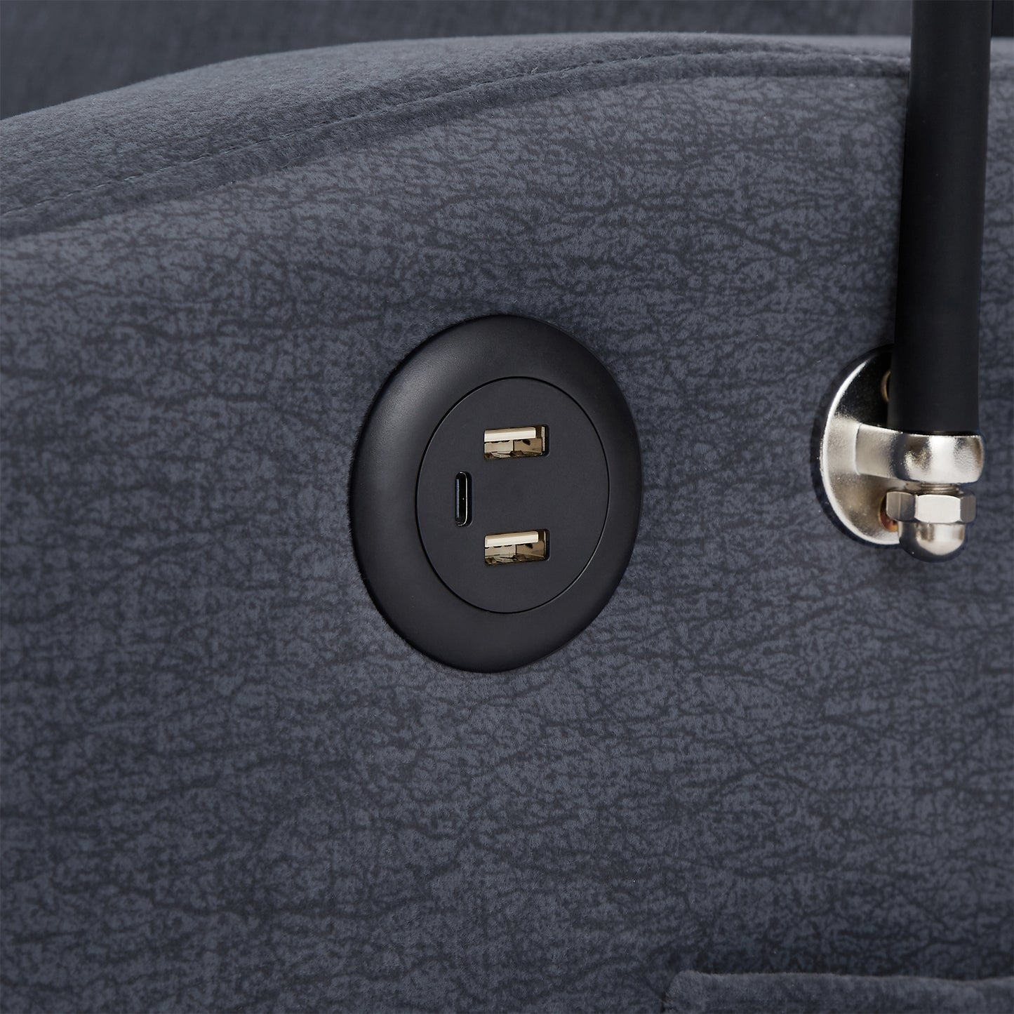Dark gray recliner with integrated USB charging port for electronics