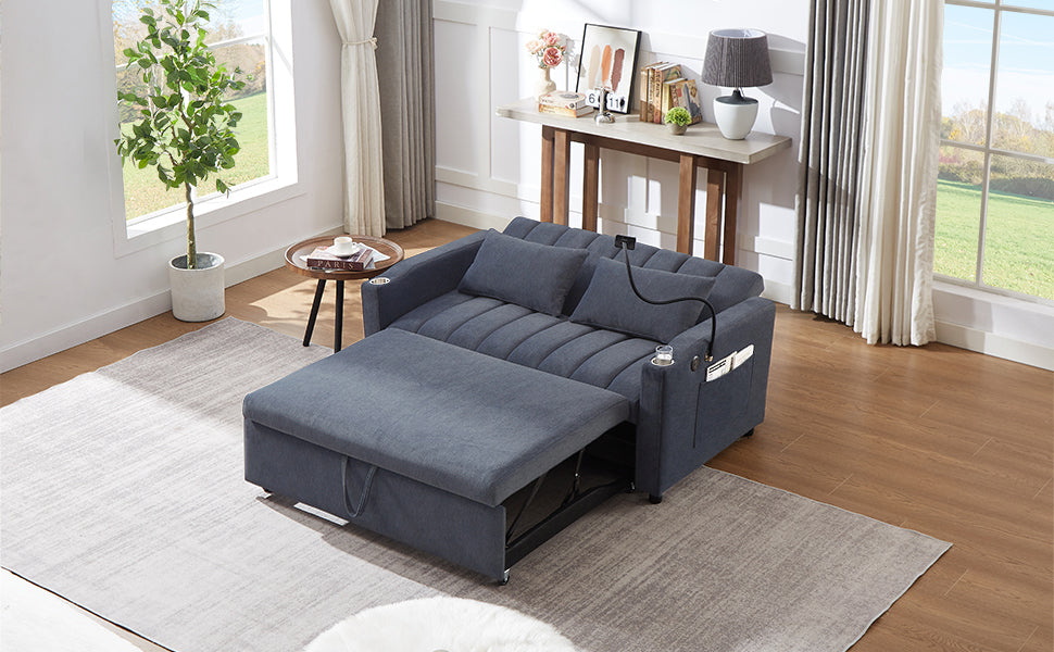 Dark grey upholstered sofa bed with pullout ottoman for living room comfort